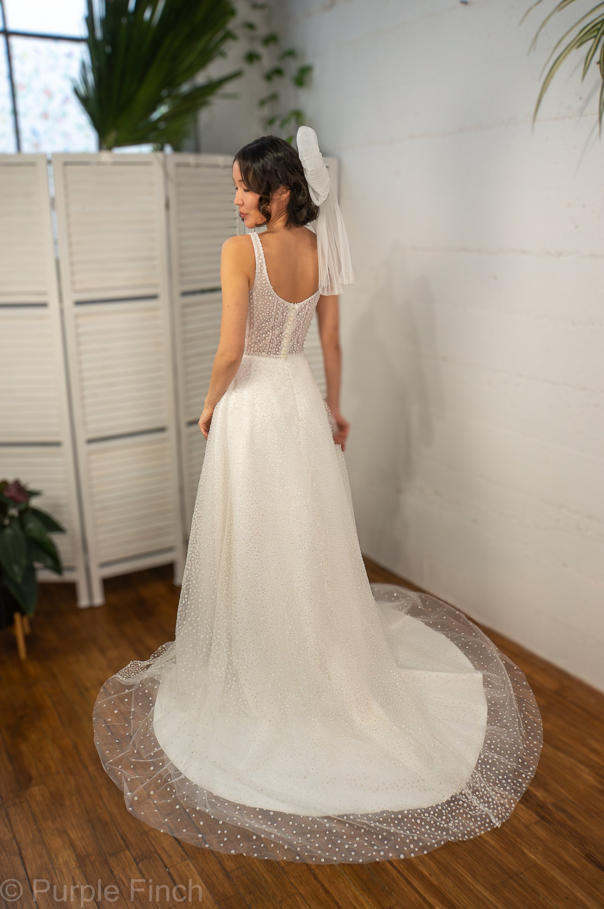 A-line polka dot glitter mesh bridal dress with pearls | Purple Finch bridal  tailor